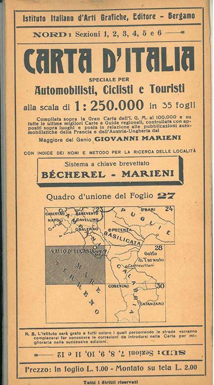 Nuova carta stradale d'Italia, speciale per automobilisti, ciclisti, turisti. Scala 1:250000. Foglio 27, contiene: Vallo di Lucania - Golfo di Policastro - Mare Tirreno - Giovanni Marieni - copertina