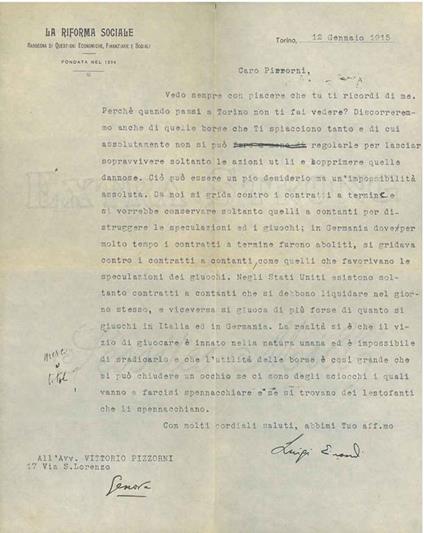 Carta intestata: "La riforma sociale. Rassegna di questioni economiche, finanziarie e sociali", datata, Torino, 12 gennaio 1915. Copia autografata - Luigi Einaudi - copertina