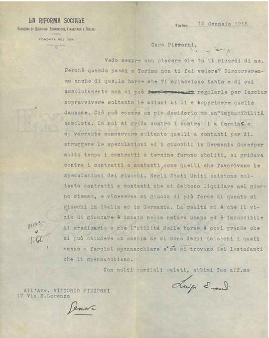 Carta intestata: "La riforma sociale. Rassegna di questioni economiche, finanziarie e sociali", datata, Torino, 12 gennaio 1915. Copia autografata - Luigi Einaudi - copertina