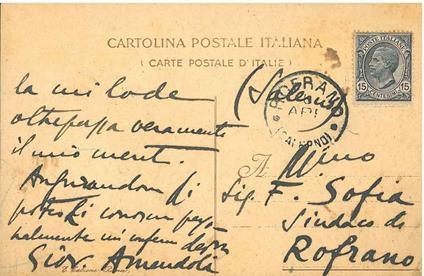 Cartolina postale viaggiata, con intestazione "Camera dei Deputati", datata "Roma, 2 aprile 1920" - Giovanni Amendola - copertina