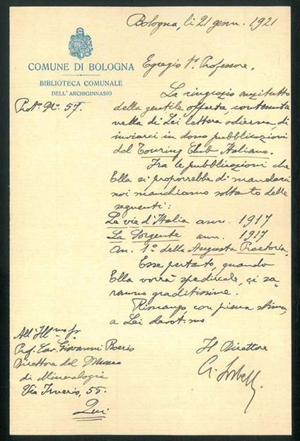 Lettera autografa e firmata da Sorbelli - Albano Sorbelli - copertina