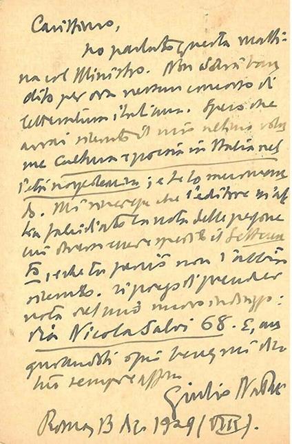 Cartolina postale viaggiata, inviata a Raffaele Garzia: "Roma, 3.XII.25" - Giulio Natali - copertina