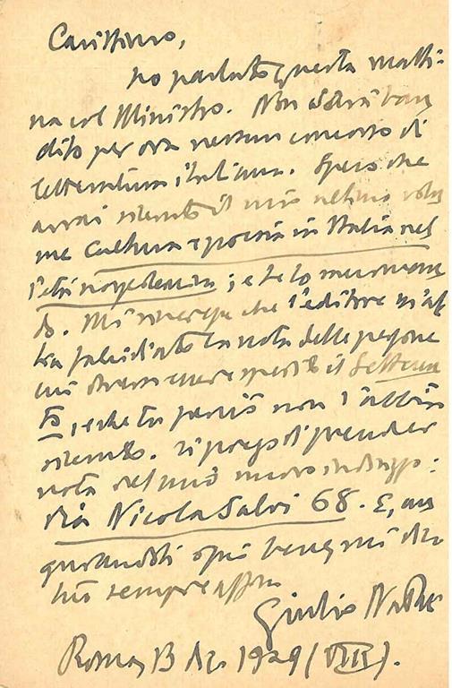 Cartolina postale viaggiata, inviata a Raffaele Garzia: "Roma, 3.XII.25" - Giulio Natali - copertina