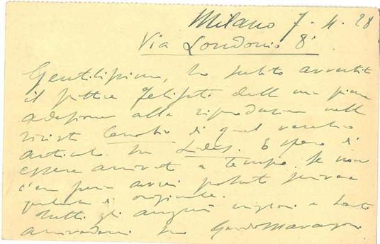 Cartolina con disegno architettonico in verde, intestata: "La Casa Bella" e viaggiata: "Milano, 22-23.7.28" - Guido Marangoni - copertina
