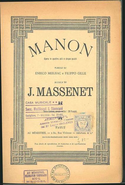 Manon. Opera in quattro atti e cinque quadri - Jules Massenet - copertina
