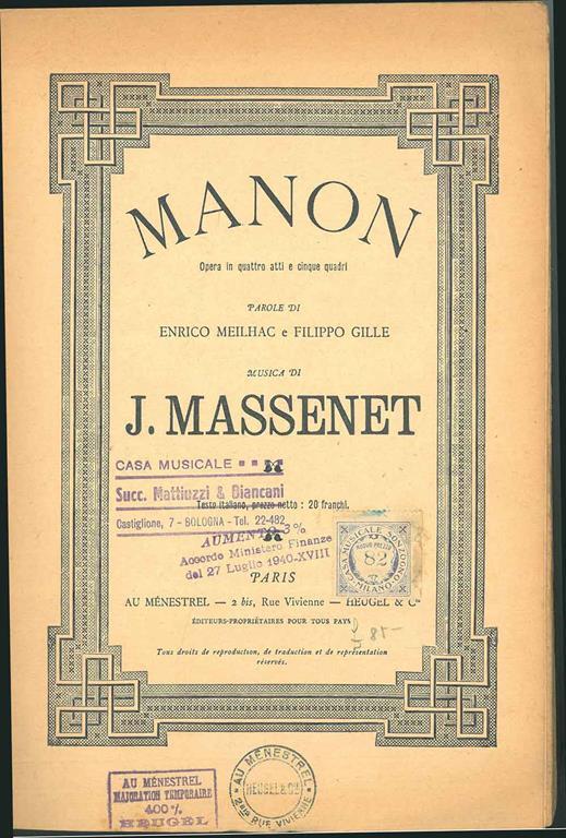 Manon. Opera in quattro atti e cinque quadri - Jules Massenet - copertina