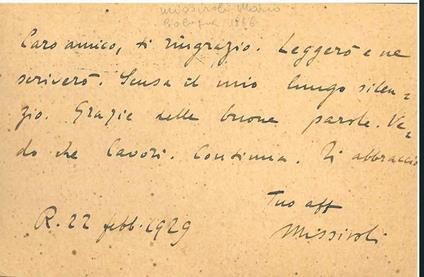 Cartolina postale con intestazione: "Il Popolo di Roma: Giornale politico quotidiano", viaggiata: Bologna 22.febb.1929" - Mario Missiroli - copertina