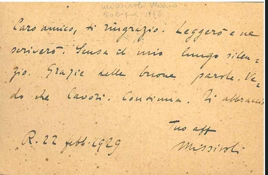 Cartolina postale con intestazione: "Il Popolo di Roma: Giornale politico quotidiano", viaggiata: Bologna 22.febb.1929" - Mario Missiroli - copertina