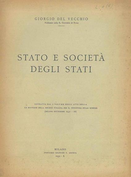 Stato e società degli stati. Estratto - Giorgio Del Vecchio - copertina