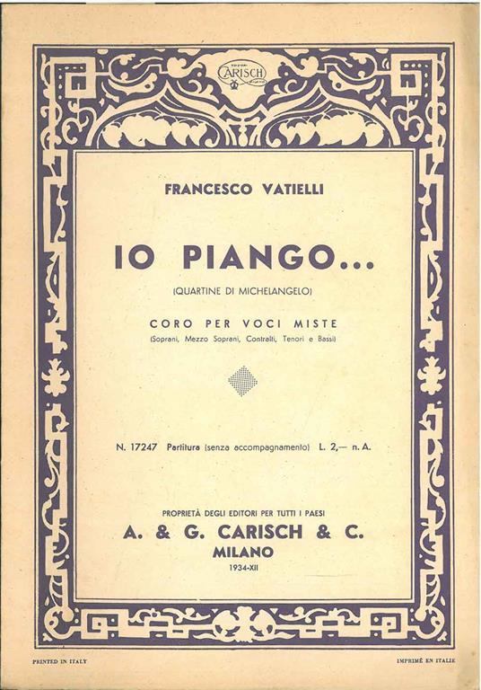 Io piango... (Quartine di Michelangelo). Coro per voci miste, partitura senza accompagnamento - Francesco Vatielli - copertina