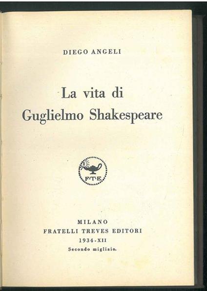 La vita di Guglielmo Shakespeare - Diego Angeli - copertina