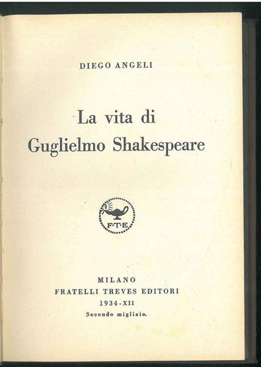 La vita di Guglielmo Shakespeare - Diego Angeli - copertina