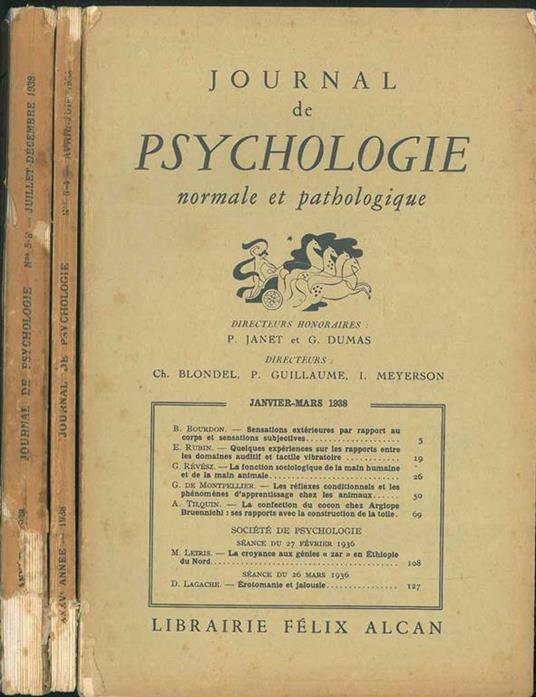 Journal de psychologie normale ed pathologique. Organe officiel de la société de psychologie. XXXIII année, 1936, annata completa Direttori: Pierre Janet e Georges Dumas - copertina