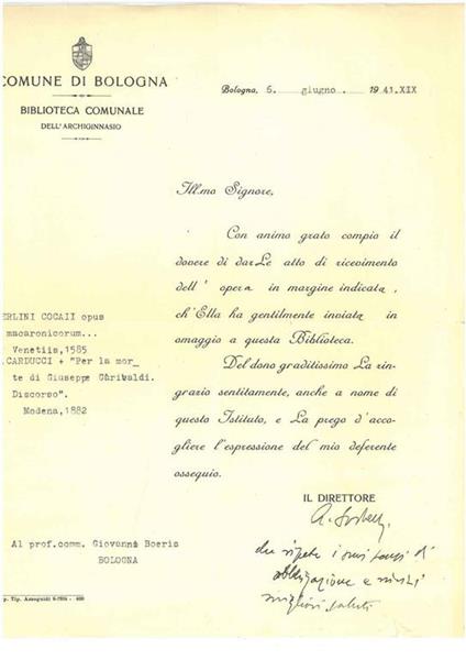 Carta intestata: "Comune di Bologna, Biblioteca comunale dell'Archiginnasio" datata, "Bologna, 6 giugno 1941" - Albano Sorbelli - copertina