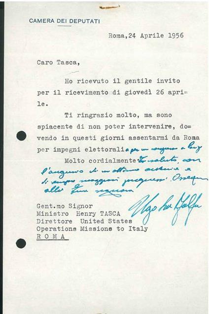 Foglio bianco intestato: "Camera dei Deputati" e datato "Roma, 24 aprile " - Ugo La Malfa - copertina