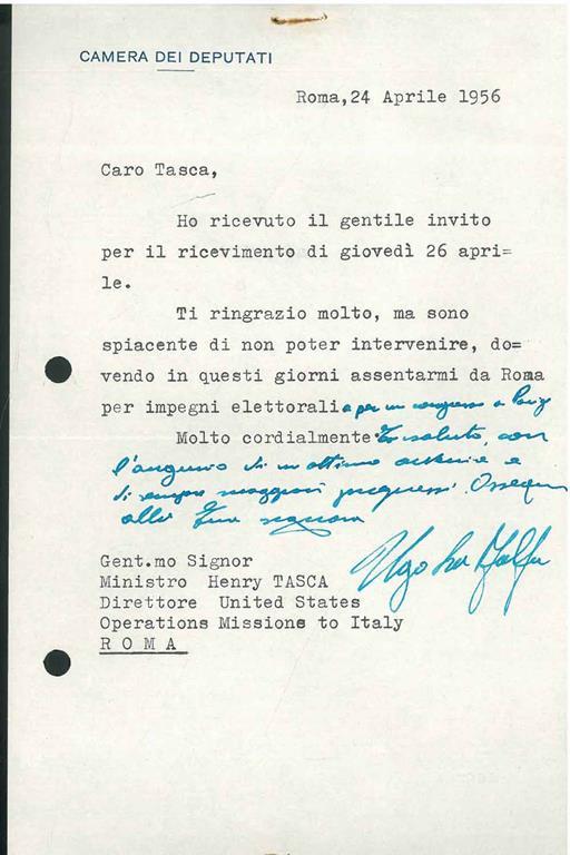 Foglio bianco intestato: "Camera dei Deputati" e datato "Roma, 24 aprile " - Ugo La Malfa - copertina