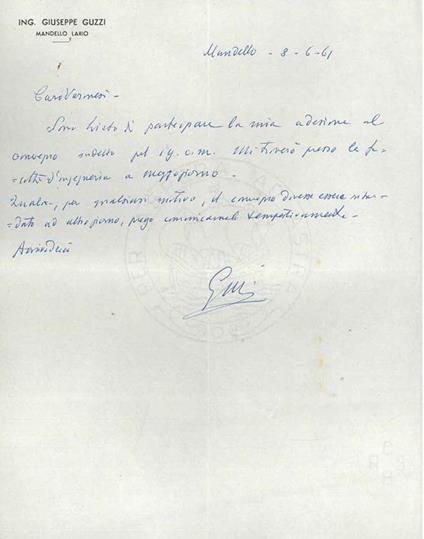 Foglio intestato: Ing. Giuseppe Guzzi, Mandello Lario, datato: 8-6-61 - Giuseppe Guzzi - copertina