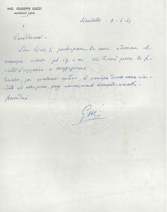 Foglio intestato: Ing. Giuseppe Guzzi, Mandello Lario, datato: 8-6-61 - Giuseppe Guzzi - copertina