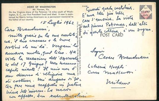 Grande cartolina a colori "Home of Washington" datata 15 Luglio - Antonio Barolini - copertina