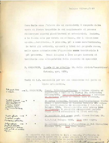 Lettera dattiloscritta inviata a Carlo Doglio, datata: Bologna, 11/nov/1981 - Giovanni Pesce - copertina