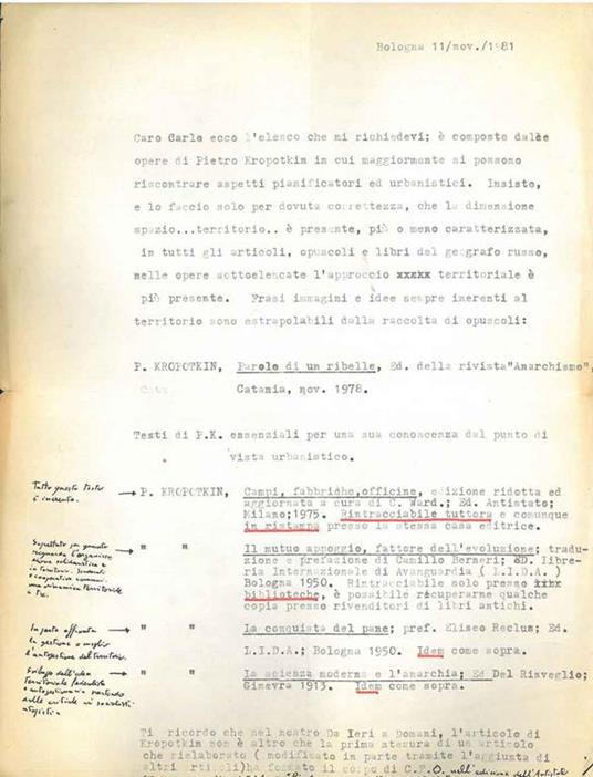 Lettera dattiloscritta inviata a Carlo Doglio, datata: Bologna, 11/nov/1981 - Giovanni Pesce - copertina