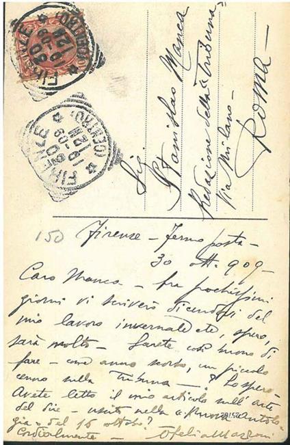 Cartolina illustrata con fotografia di Firenze e viaggiata: "Firenze 30 10-09" - Ofelia Mazzoni - copertina