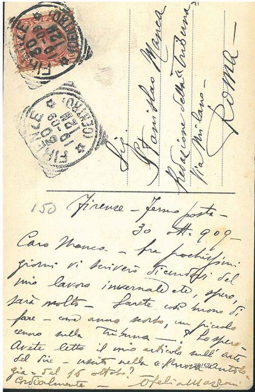 Cartolina illustrata con fotografia di Firenze e viaggiata: "Firenze 30 10-09" - Ofelia Mazzoni - copertina