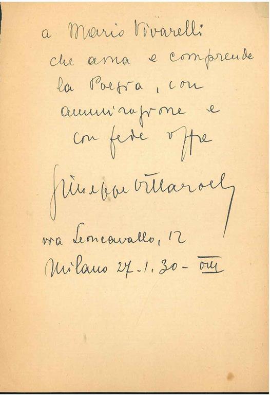 Foglio datato: "Milano, 27.1.30 - VIII" - Giuseppe Villaroel - copertina
