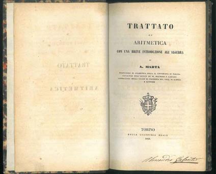 Trattato di aritmetica con una breve introduzione all'algebra - A. Marta - copertina
