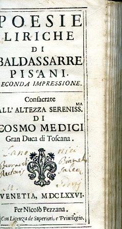 Poesie liriche. Seconda impressione. Consacrate all'Altezza Sereniss.ma di Cosmo Medici Gran Duca di Toscana