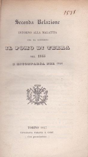 Seconda Relazione intorno alla malattia che ha sofferto il pomo di terra nel 1845 e ricomparsa nel 1846 - Angelo Abbene - copertina