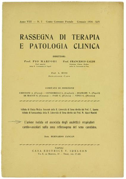L' Azione Isolata ed Associata degli Analettici Respiratori Cardio-Vascolari sulla Zona Reflessogena del Seno Carotideo - Bernardo Zancan - copertina