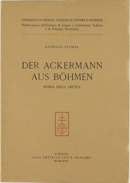 Der Ackermann aus Böhmen. Storia della critica - Giorgio Sichel - copertina