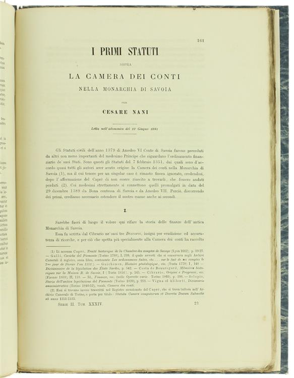 Gli Statuti dell'Anno 1379 di Amedeo vi Conte di Savoia. Memoria Letta nell'Adunanza del 23 Gennaio 1881 - i Primi Statuti Sopra la Camera dei Conti nella Monarchia di Savoi