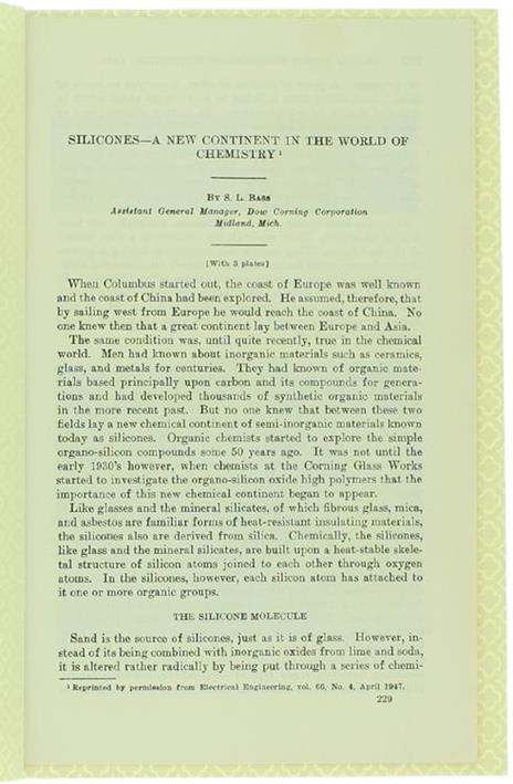 Silicones. a New Continent in the World of Chemistry - S. L. Bass - copertina