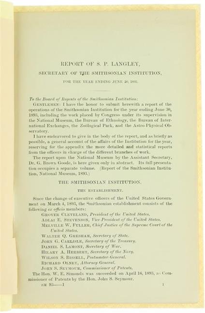Report of S.P.Langley, Secretary of the Smithsonian Institution, for the Year Ending June 30, 1893 - S.P. Langley - copertina