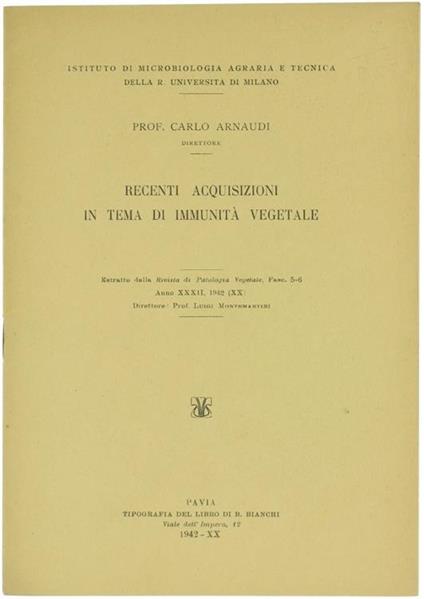 Recenti Acquisizioni in Tema di Immunità Vegetale - Carlo Arnaudi - copertina