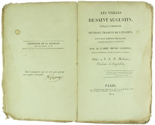 Les Veilles de Saint Augustin Eveque d'Hippone. Ouvrage Traduit de l'Italien. Nouvelle Édition Française Considérablement Augmentée Par M. L'Abbé Henri Gazzera - Andreas Augustin - copertina