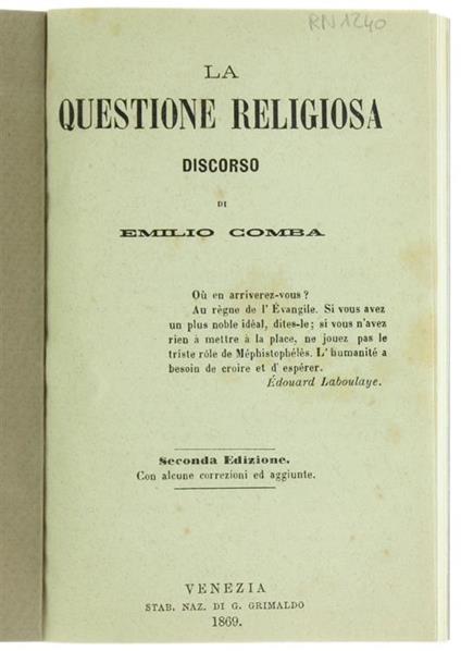 La Questione Religiosa. Discorso - Emilio Comba - copertina