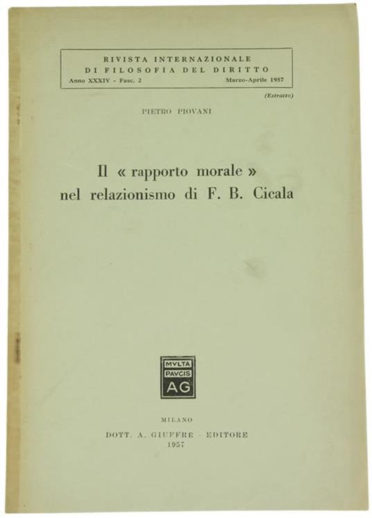 Il Rapporto Morale nel Relazionismo di F.B.Cicala - Pietro Piovani - copertina
