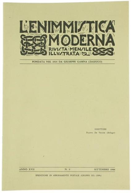L' Enimmistica Moderna, Rivista Mensile Illustrata. Anno XVII-1988 - N. 9 - Filippo De Vecchi - copertina