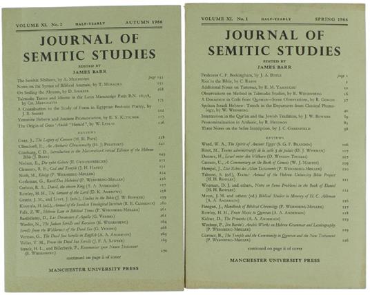 Journal of Semitic Studies. Volume XI. No. 1. 2 - copertina