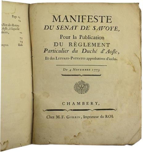 Patentes de Sa Majesté, du 13 Aoust 1773, Portant Approbation du Réglement Particulier Pour le Duché d'Aoste - copertina