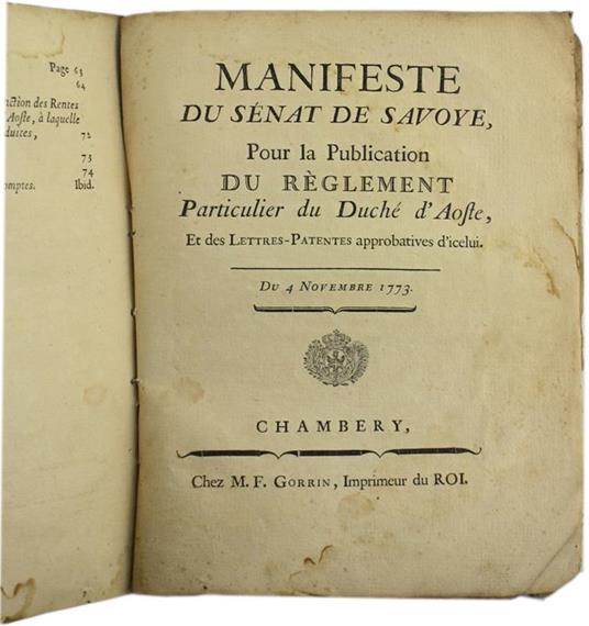 Patentes de Sa Majesté, du 13 Aoust 1773, Portant Approbation du Réglement Particulier Pour le Duché d'Aoste - copertina