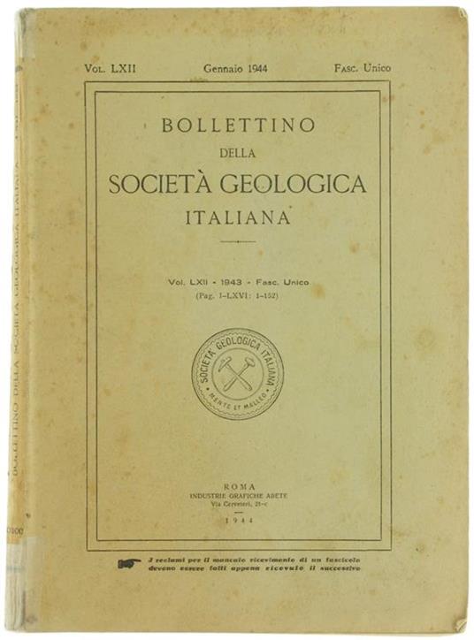 Bollettino della Società Geologica Italiana. Vol. LXII. 1943. Fasc. Unico - copertina