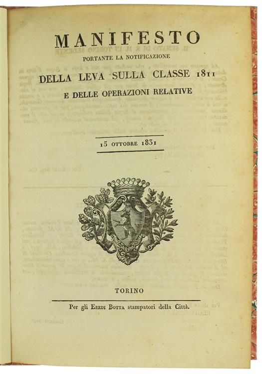 Manifesto Portante la Notificazione della Leva della Classe 1811 e delle Operazioni Relative. 15 Ottobre 183