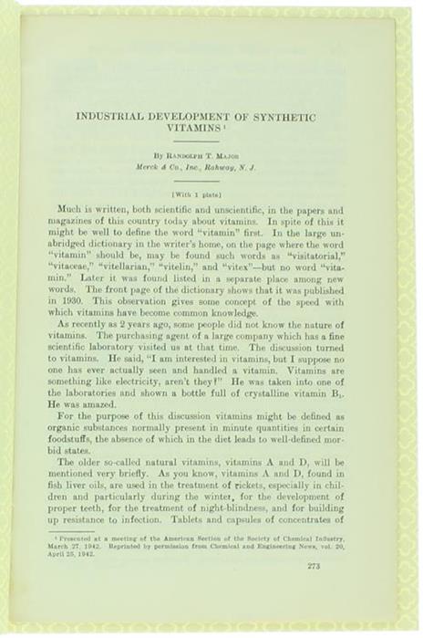 Industrial Development of Synthetic Vitamins - Randolph T. Major - copertina