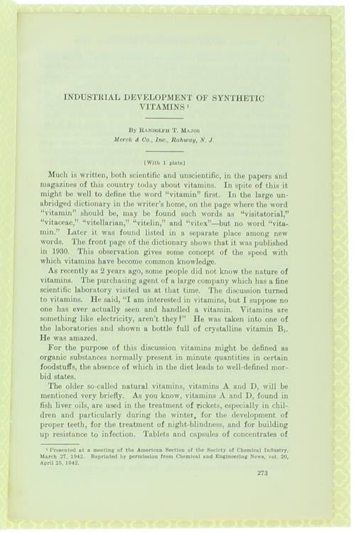 Industrial Development of Synthetic Vitamins - Randolph T. Major - copertina