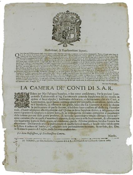 Veduta Per Noi L'Alligata Supplica, E Suo Tenor Considerato… Dat' In Torino Li 4 Di Luglio 1682 [Documento Originale] - Carlo Emanuele III - copertina
