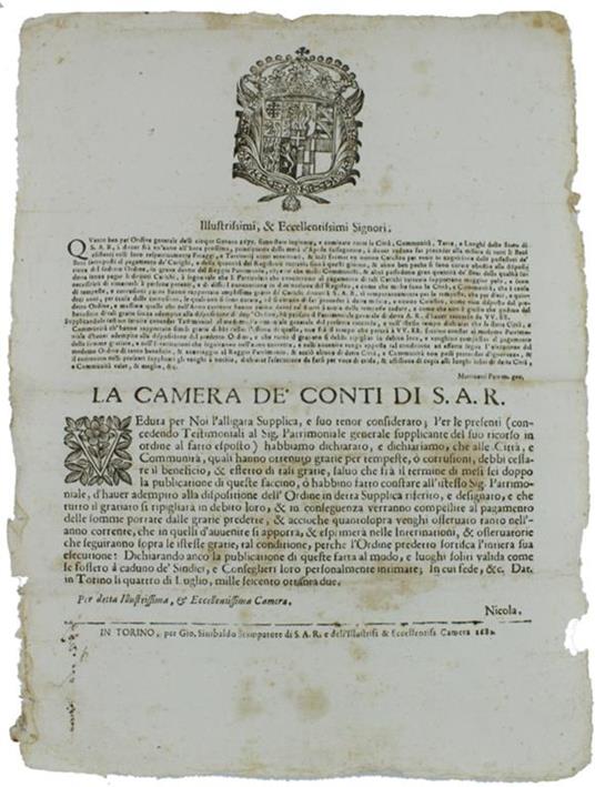 Veduta Per Noi L'Alligata Supplica, E Suo Tenor Considerato… Dat' In Torino Li 4 Di Luglio 1682 [Documento Originale] - Carlo Emanuele III - copertina